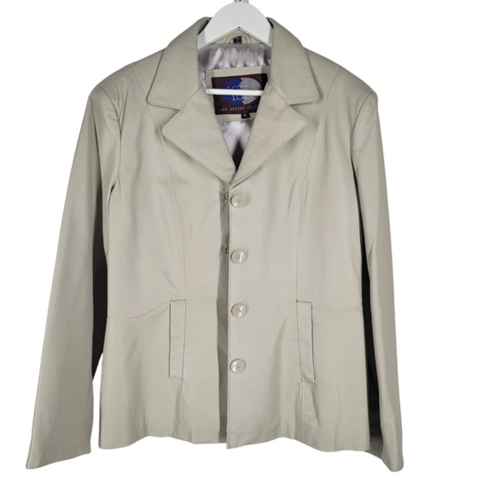 LOB‎ LOBI Genuine Leather Blazer Jacket Womens XL Beige Button Front Collared